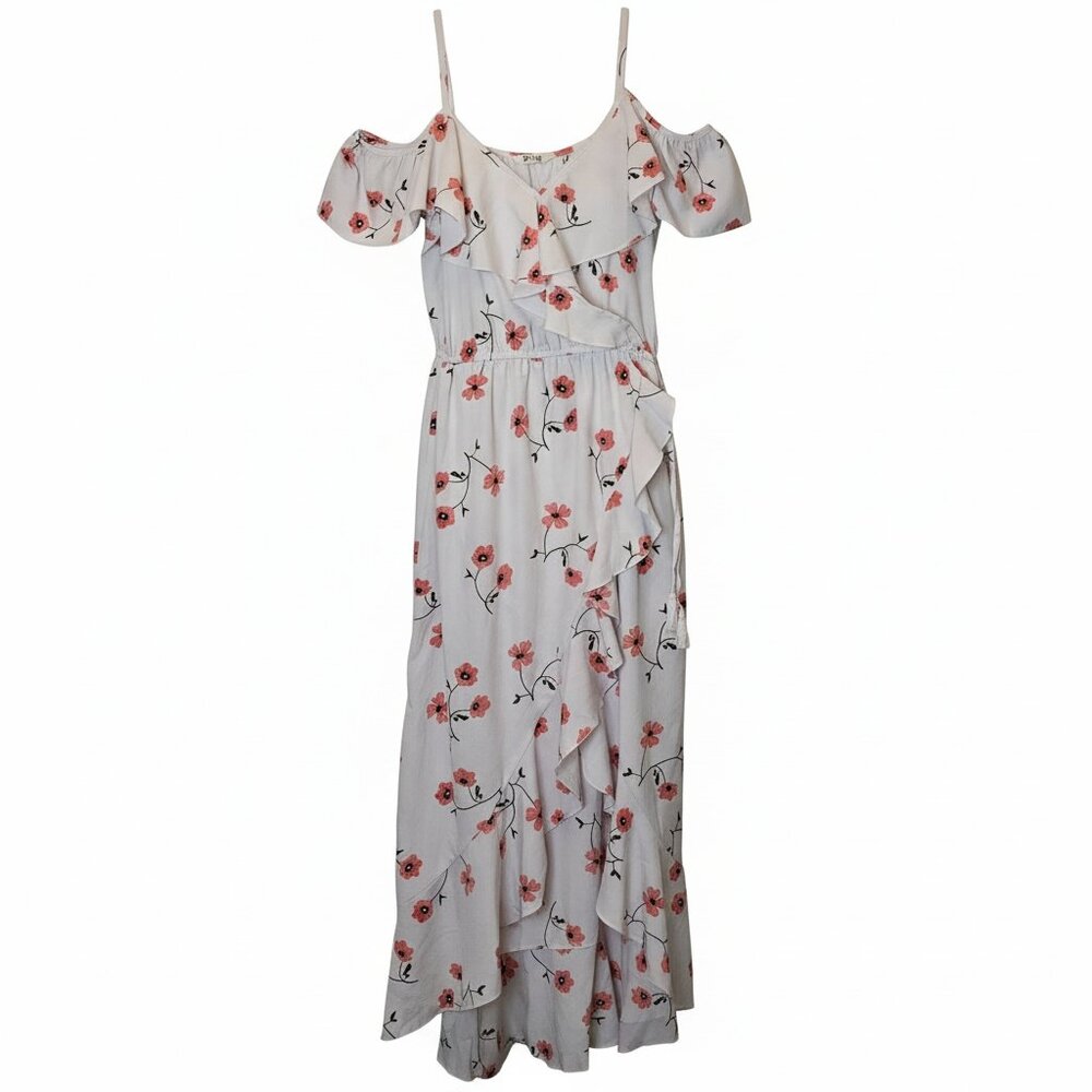 Floral Cottagecore Maxi Dress Large Cold Shoulder Ruffle Wrap Boho Wedding Guest